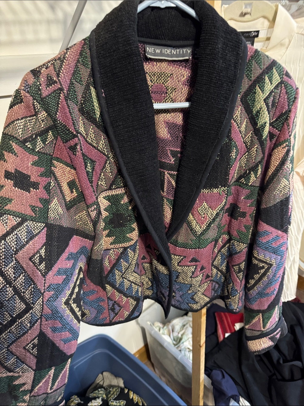 Vintage Multicolor Geometric Shawl Collar Cardigan - Black Collar